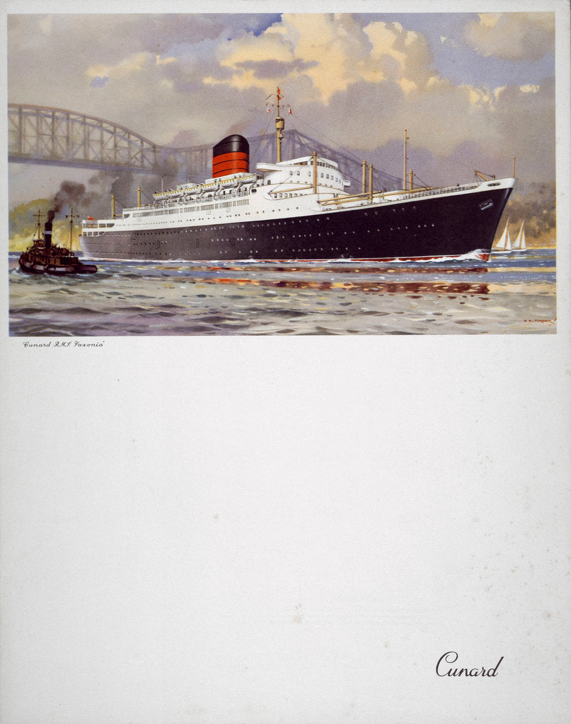 Detail of Front cover of Cunard menu featuring RMS 'Saxonia' with a tug alongside by unknown