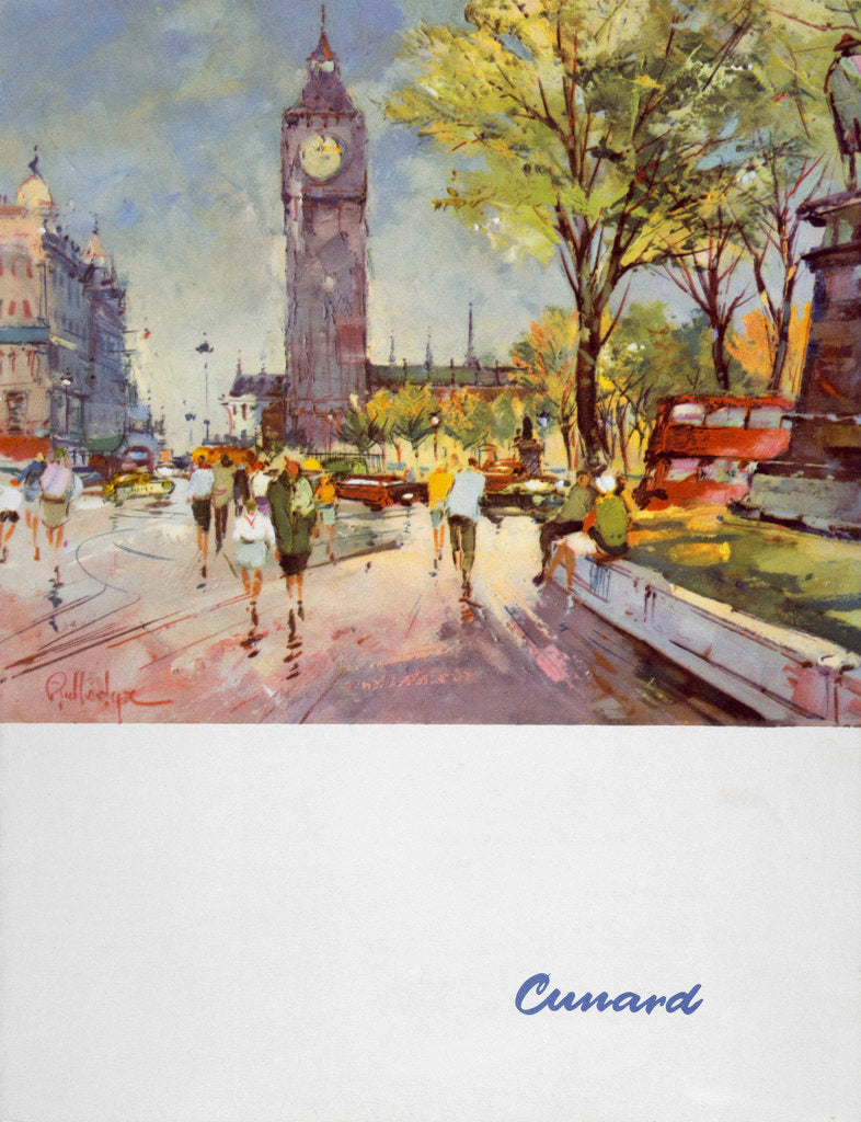 Detail of Front cover of Cunard menu featuring Big Ben and a red London bus by unknown