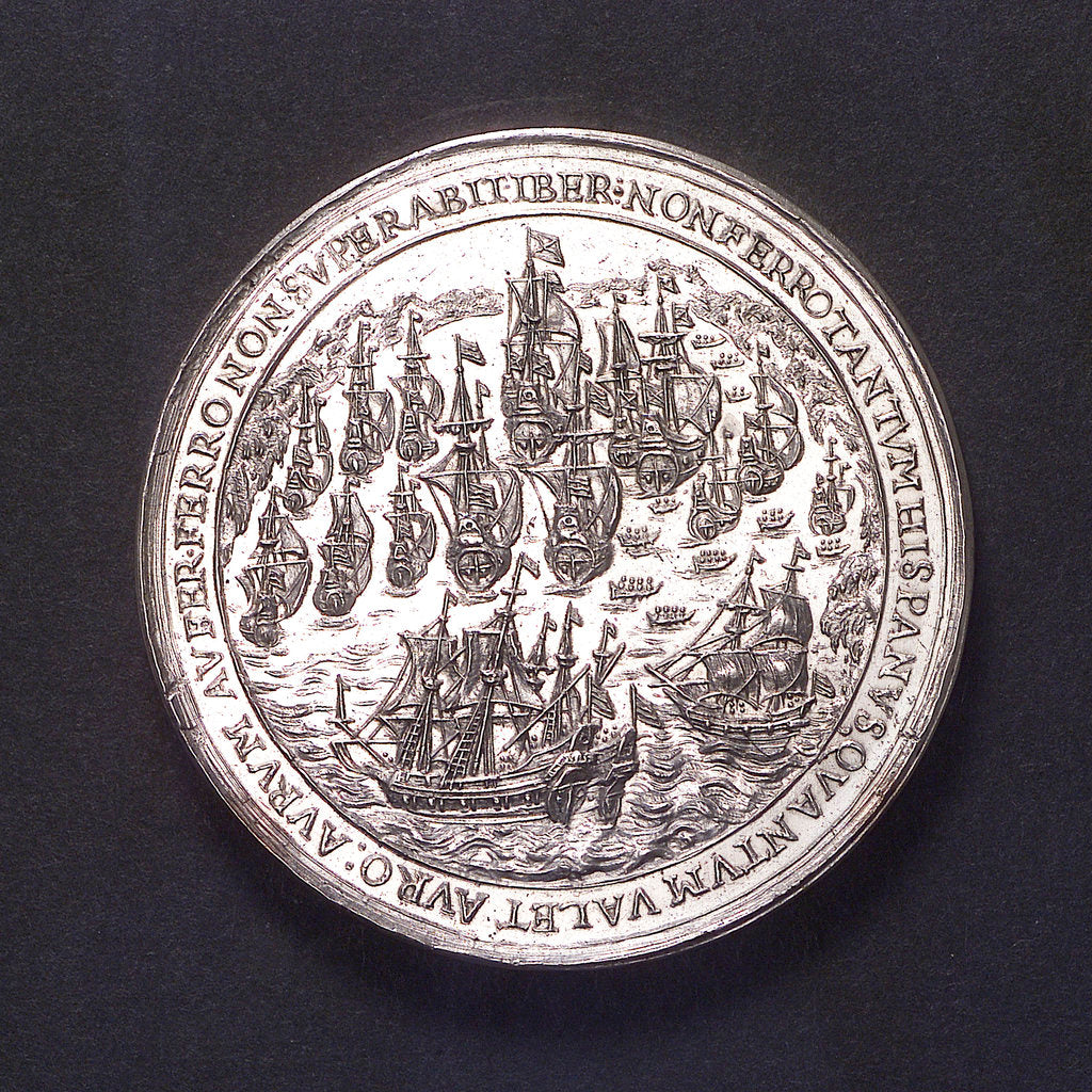 Detail of Medal commemorating Admiral Heyn and the capture of the Spanish silver fleet off Matanzas, 1628; obverse by W. Versteegh