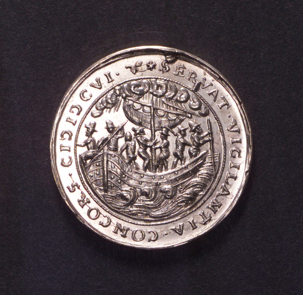 Detail of Counter commemorating the defeat of the Dutch fleet under Admiral Houtain, 1606; obverse by unknown