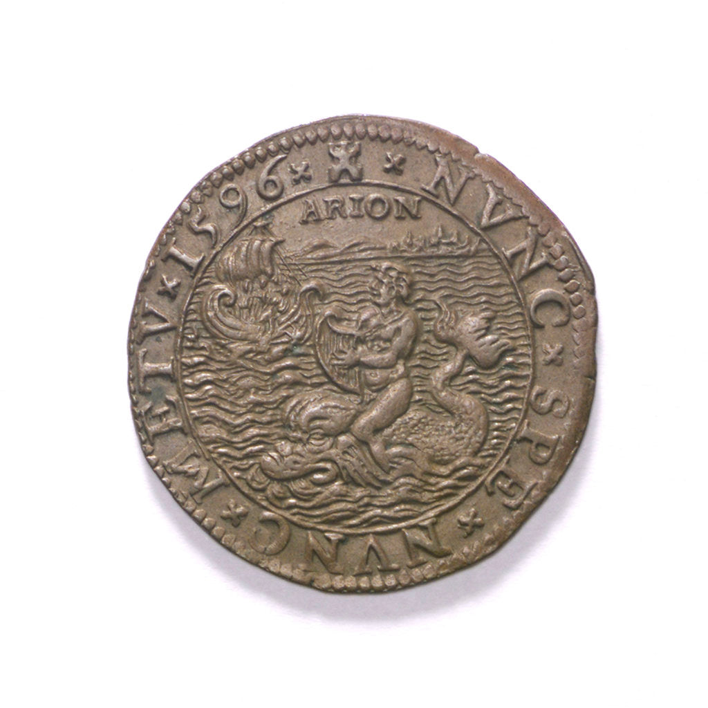Detail of Counter commemorating revived sea trade, 1596; obverse by unknown