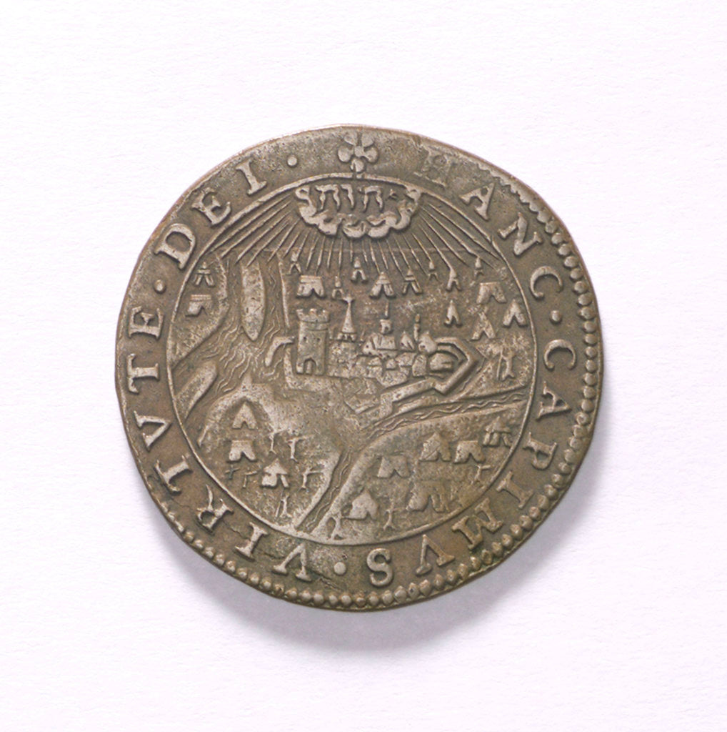 Detail of Counter commemorating the Battle of Rhinberck and the siege of Ostend, 1601; obverse by unknown
