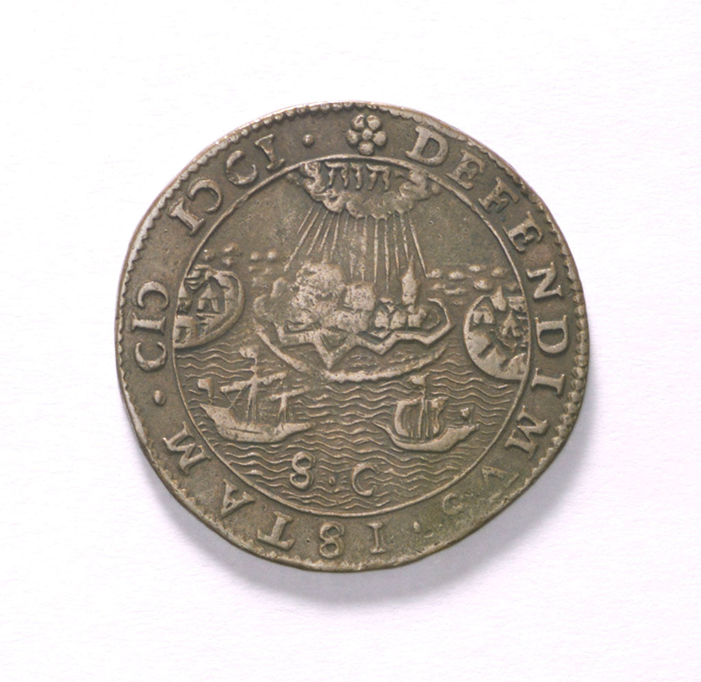 Detail of Counter commemorating the Battle of Rhinberck and the siege of Ostend, 1601; reverse by unknown