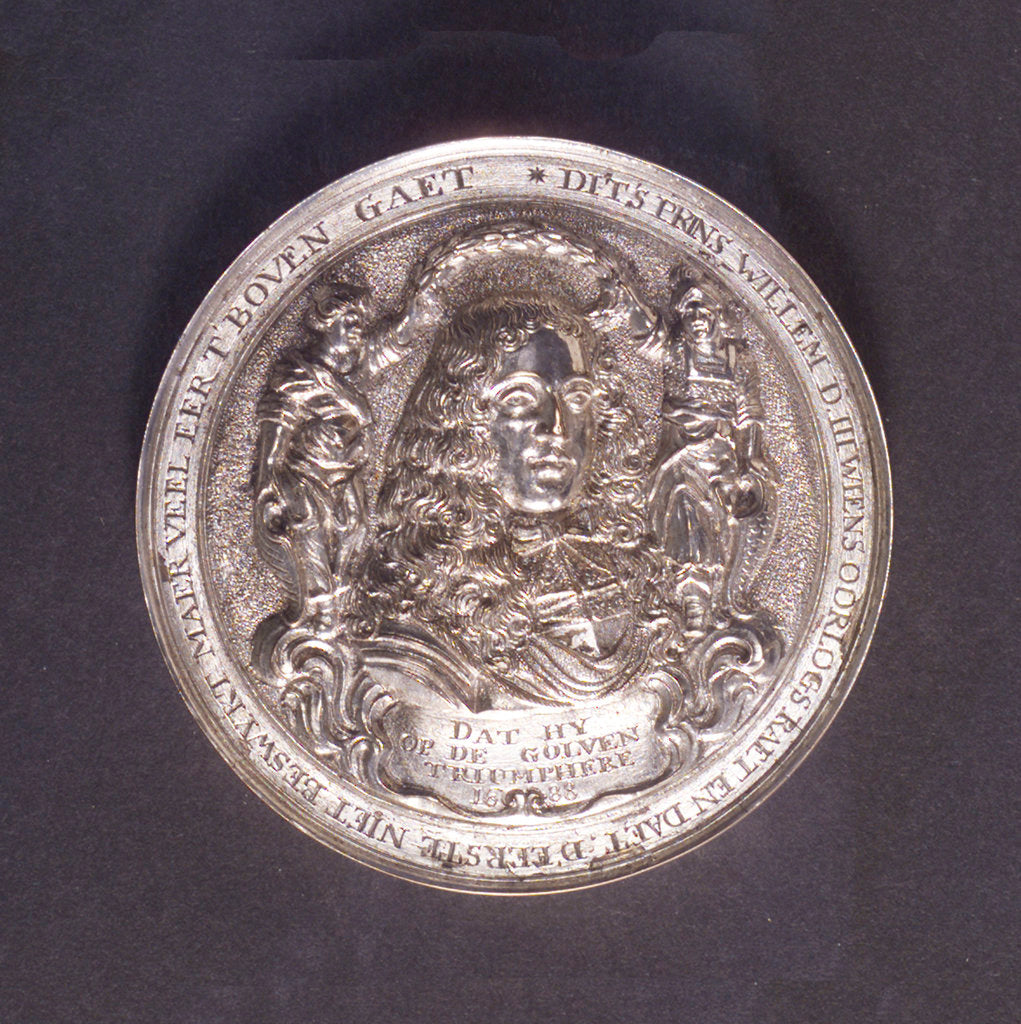 Detail of Medal commemorating the embarkation of William of Orange at Helvoetsluys, 1688; obverse by O.M.