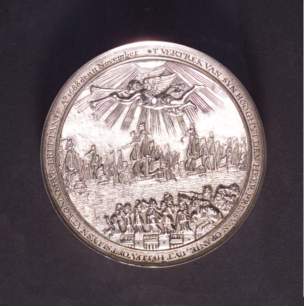 Detail of Medal commemorating the embarkation of William of Orange at Helvoetsluys, 1688; reverse by O.M.