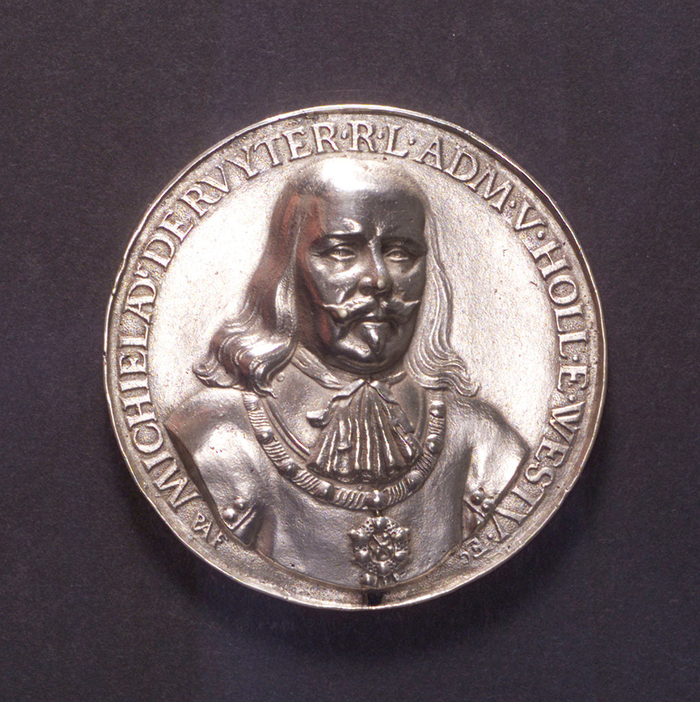 Detail of Medal commemorating the ships burnt in the Medway and Admiral de Ruyter, 1667; obverse by P. van Abeele