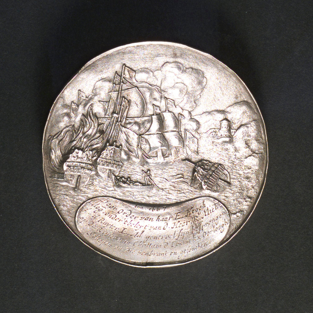 Detail of Medal commemorating the ships burnt in the Medway and Admiral de Ruyter, 1667; reverse by P. van Abeele