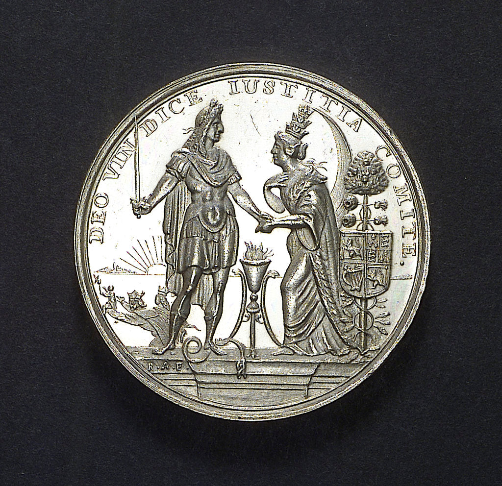 Detail of Medal commemorating the landing of William of Orange at Torbay, 1688; obverse by R. Arondeaux