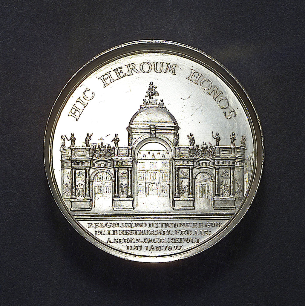 Detail of Medal commemorating the dangerous crossing of King William III and the triumphal entry into The Hague, 1691; obverse by J. Smeltzing