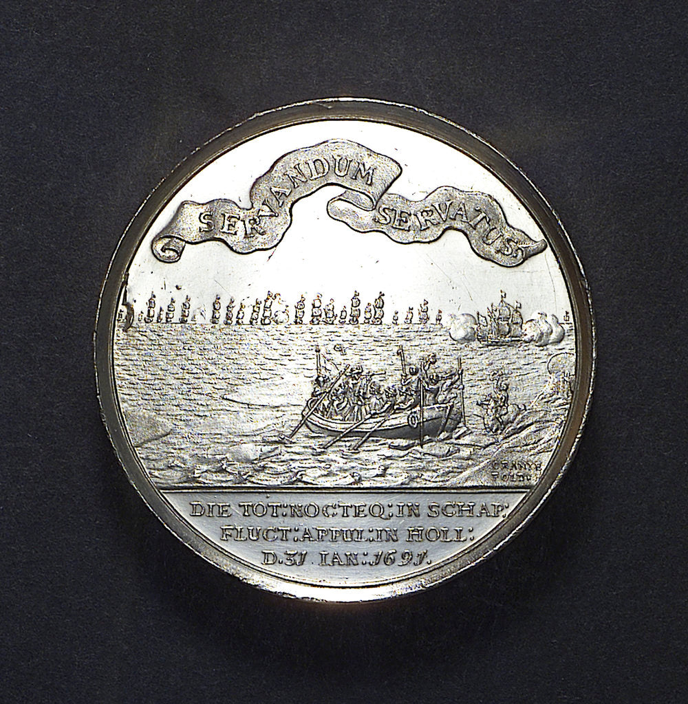 Detail of Medal commemorating the dangerous crossing of King William III and the triumphal entry into The Hague, 1691; reverse by J. Smeltzing