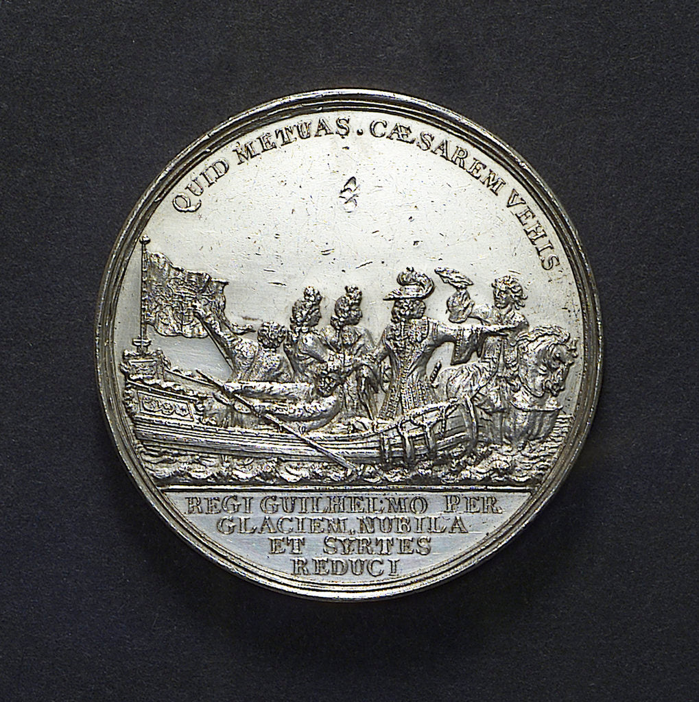 Detail of Medal commemorating the dangerous crossing of King William III and the fireworks at The Hague, 1691; obverse by D. Koene