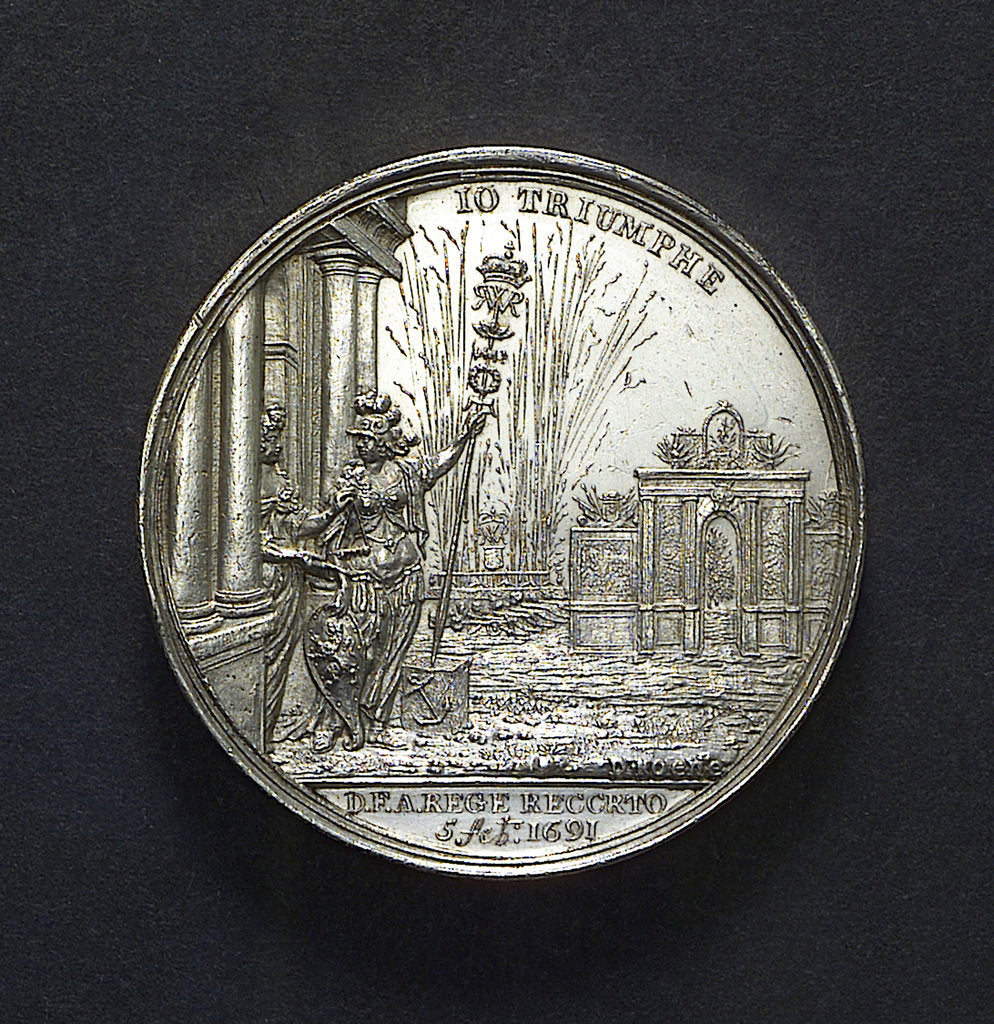 Detail of Medal commemorating the dangerous crossing of King William III and the fireworks at The Hague, 1691; reverse by D. Koene