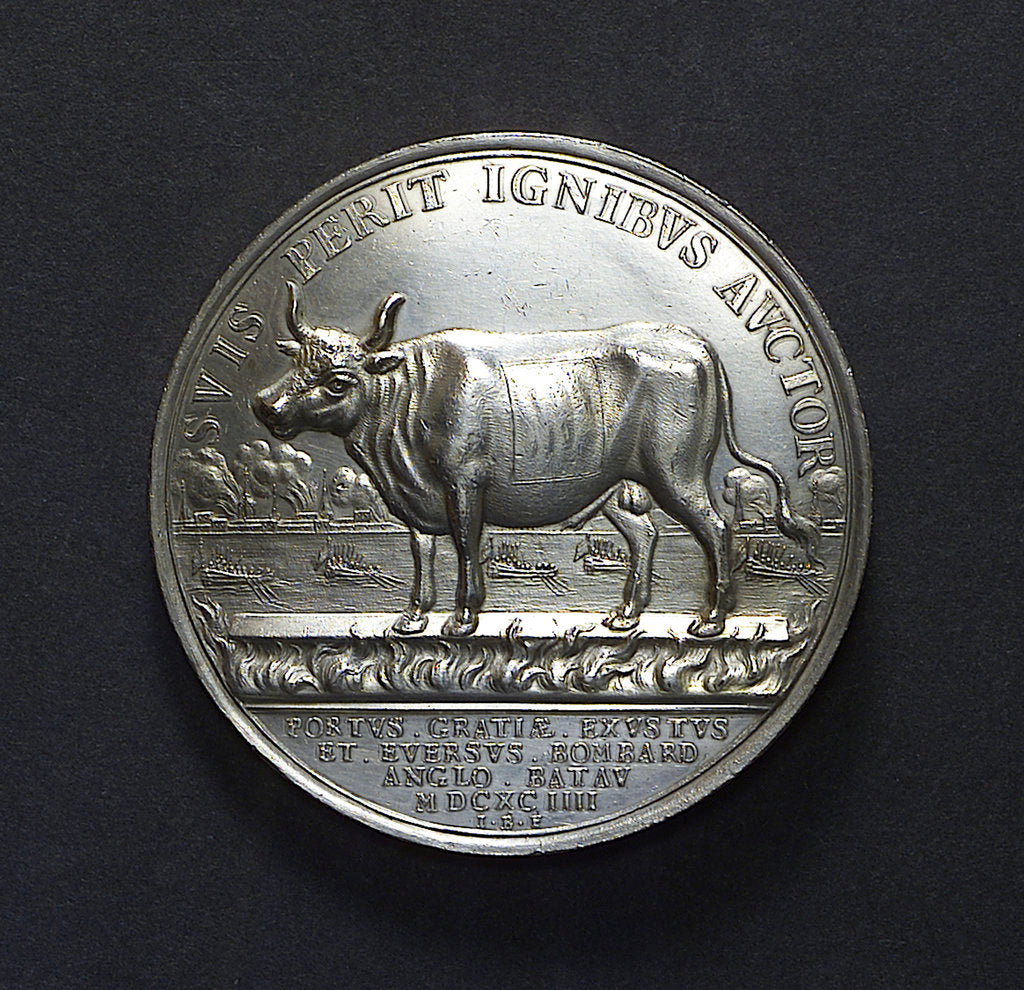 Detail of Medal commemorating the bombardment of Havre, 1694; reverse by J. Boskam