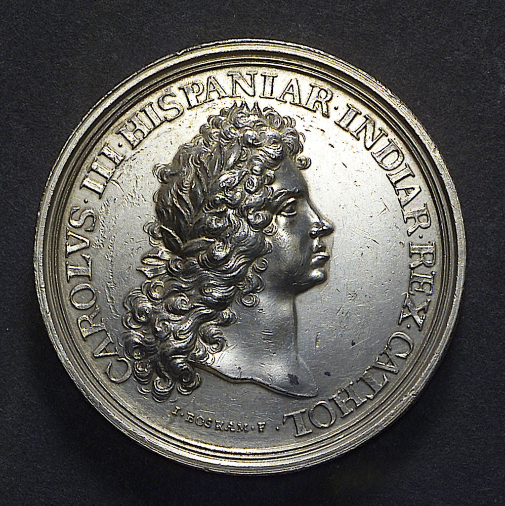 Detail of Medal commemorating the departure of King Charles III of Spain for Portugal, 1703; obverse by J. Boskam