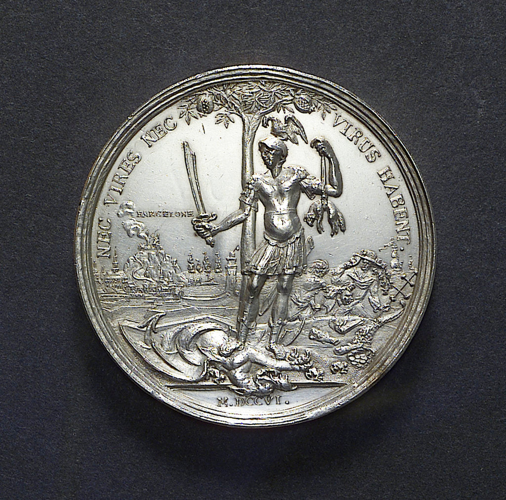 Detail of Medal commemorating the relief of Barcelona, 1706; reverse by M. Smeltzing
