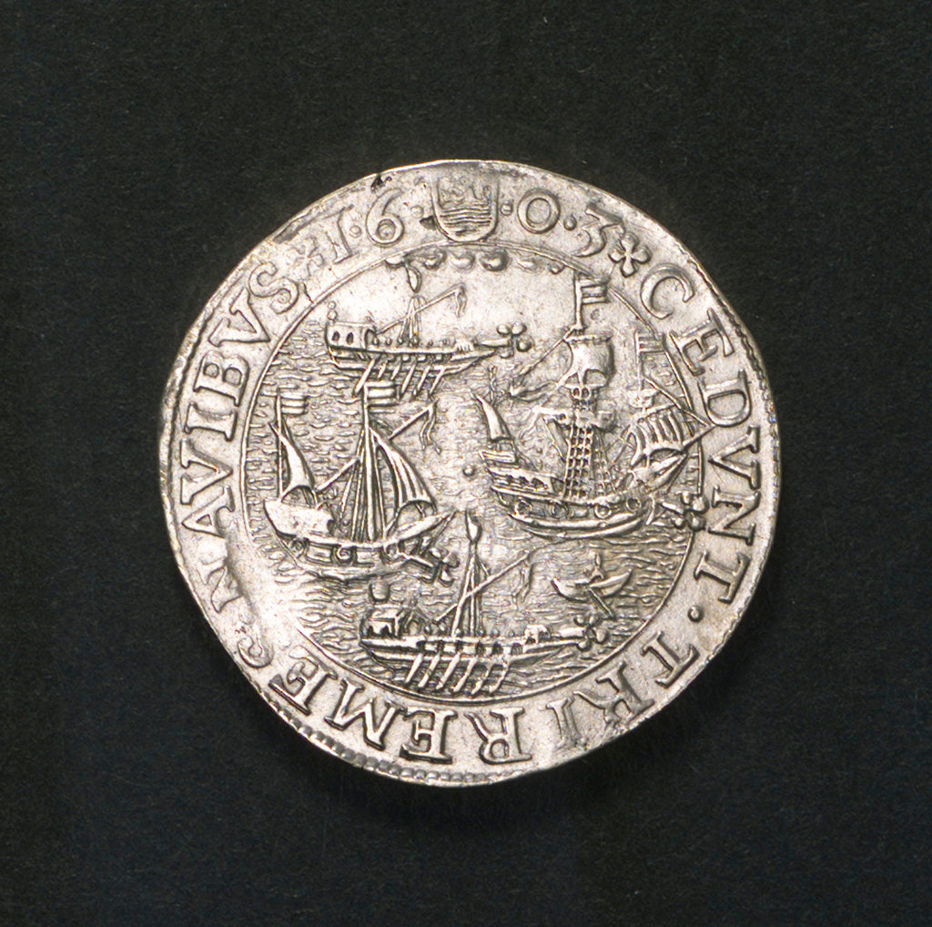 Detail of Counter commemorating the Spanish defeat off Sluys and the death of Spinola, 1603; obverse by unknown