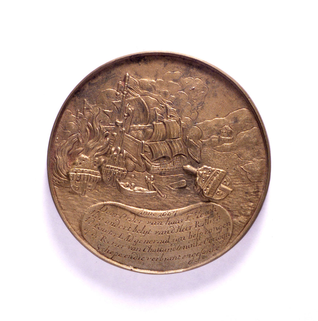 Detail of Medal commemorating ships burnt in the Medway and the proclomation of the peace of Breda, 1667; reverse by P.van Abeele