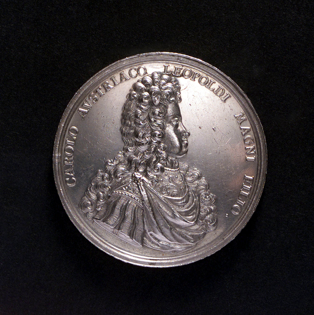 Detail of Medal commemorating the proposed departure of Archduke Charles III for Barcelona, 1700; obverse by M. Brunner