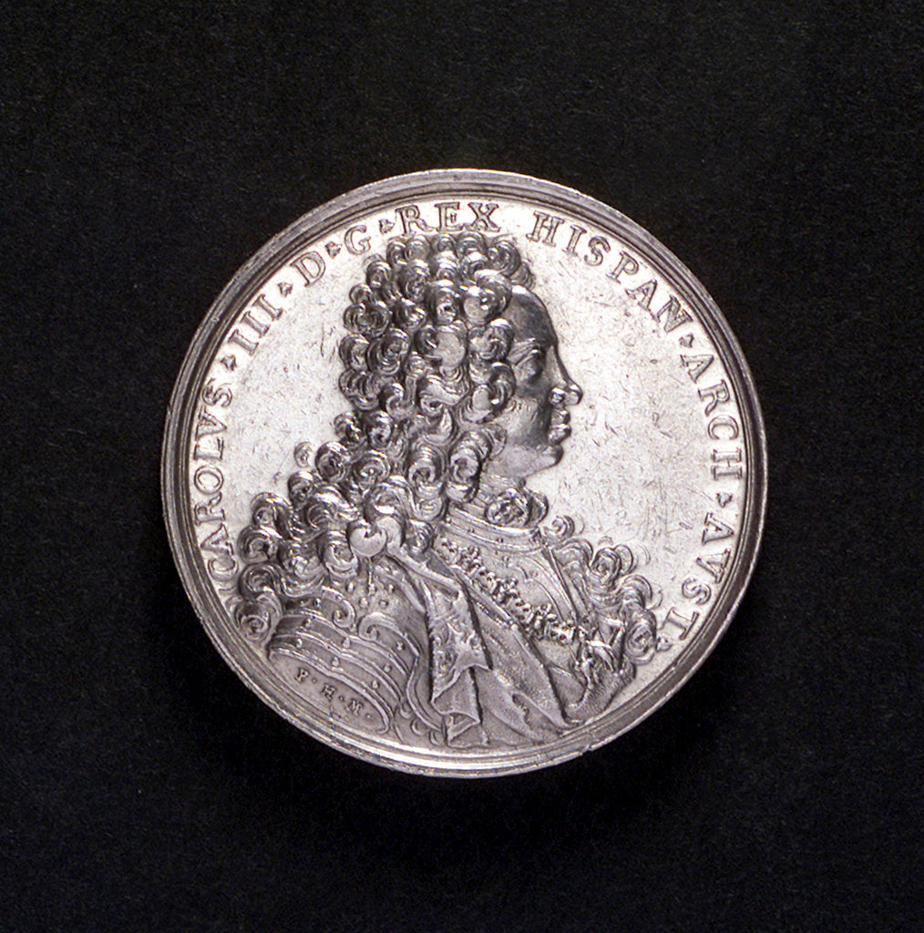 Detail of Medal commemorating Barcelona relieved, 1706; obverse by P.H. Muller