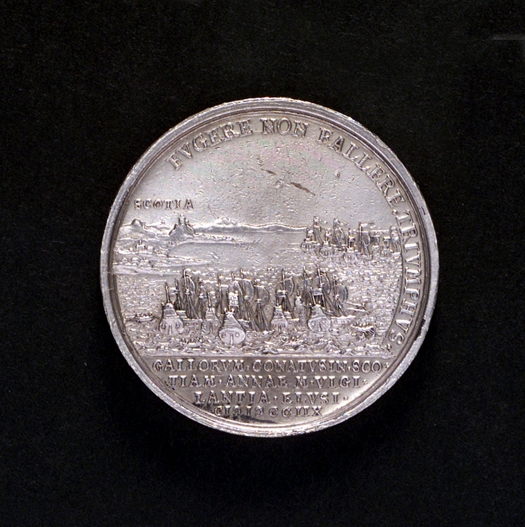 Detail of Medal commemorating the attempted invasion of Scotland, 1708; reverse by G. Hautsch