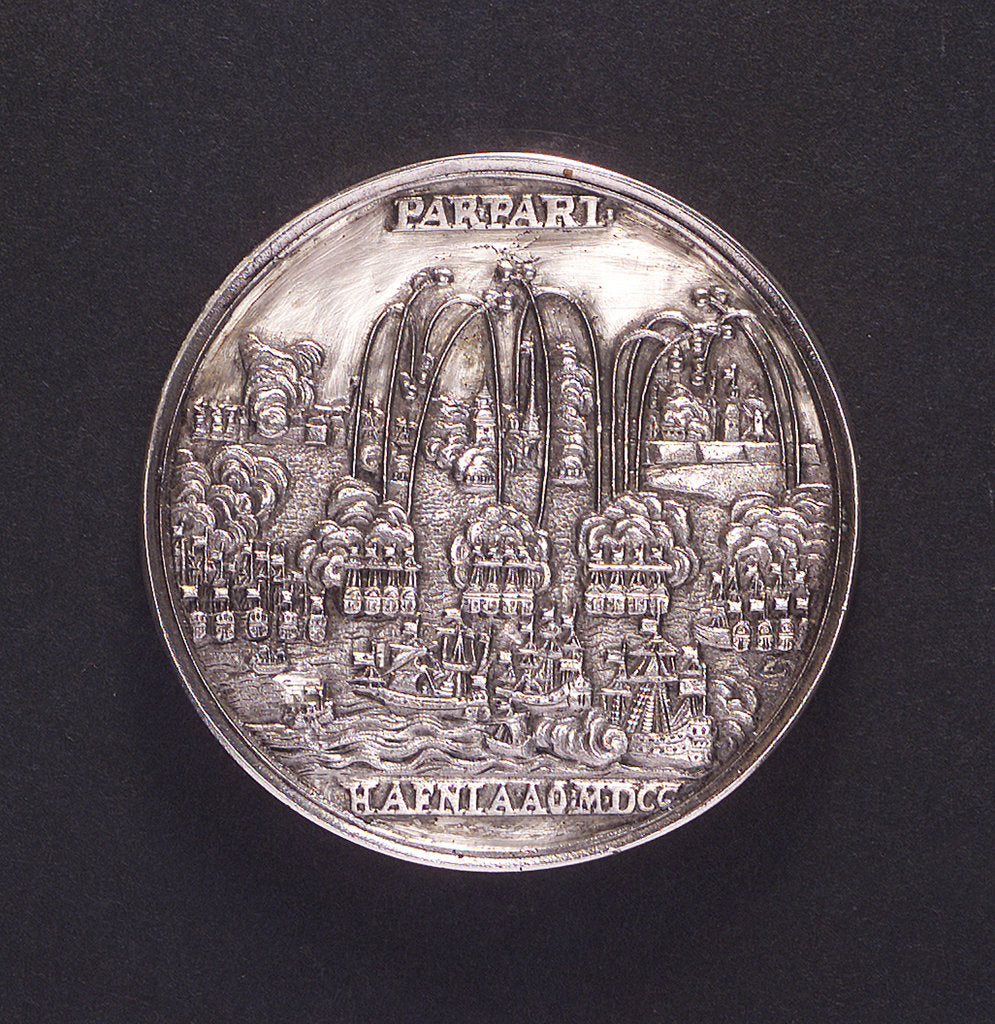 Detail of Medal commemorating the bombardment of Tönningen and Copenhagen, 1700; reverse by unknown