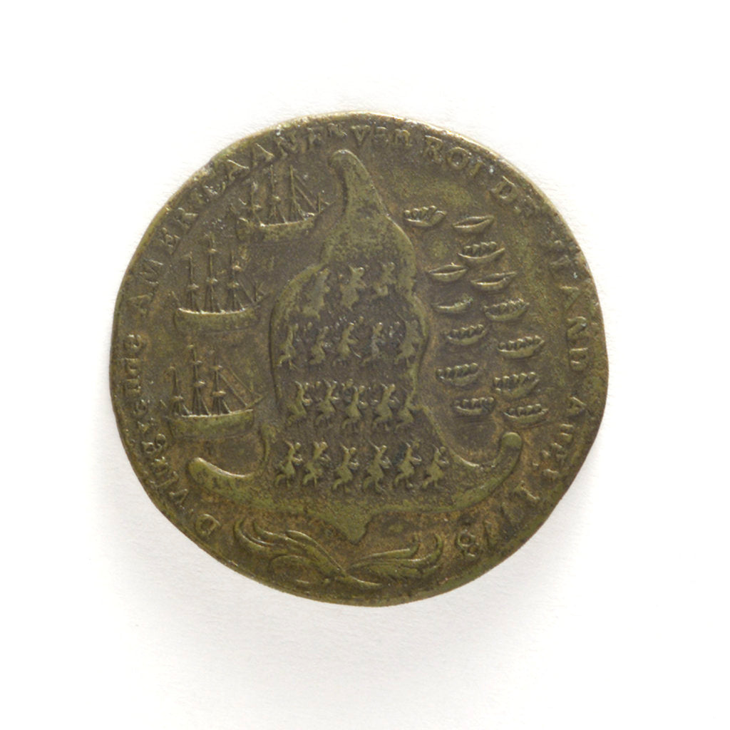 Detail of Counter commemorating Rhode Island relieved and evacuated, 1779; obverse by unknown