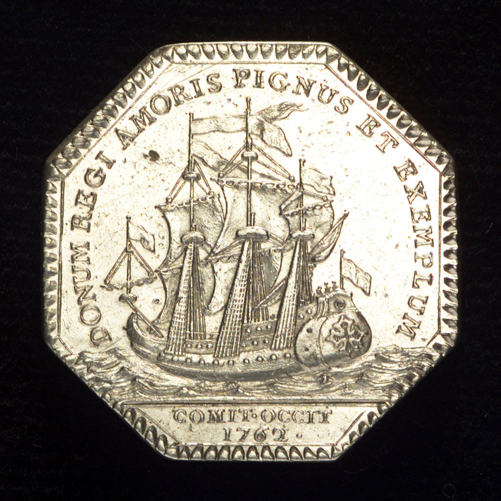 Detail of Medal commemorating the presentation to King Louis XV of an eighty-gun ship; reverse by J.C. Roettier