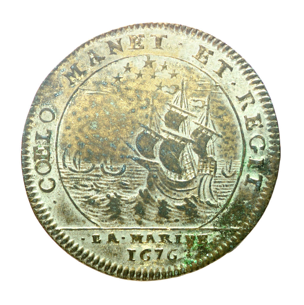 Detail of Counter commemorating the defeat of the Spanish fleet, 1676; reverse by Lowenstein