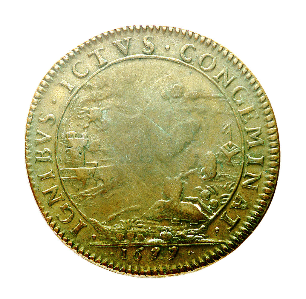 Detail of Counter commemorating the capture of Tobago, 1677; reverse by unknown