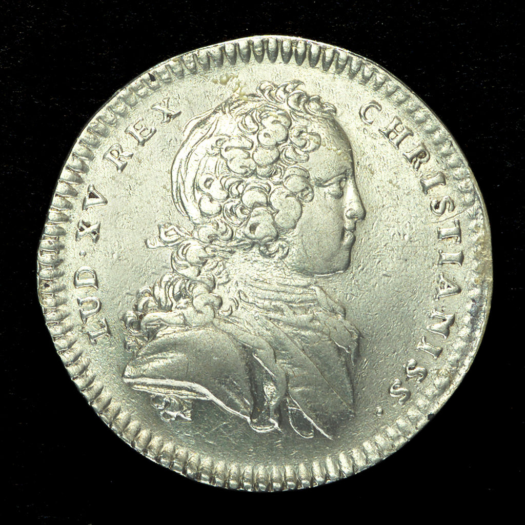 Detail of Counter commemorating the opening up of wealthy mines in Louisiana as proposed by Law the banker; obverse by J.C. Roettier