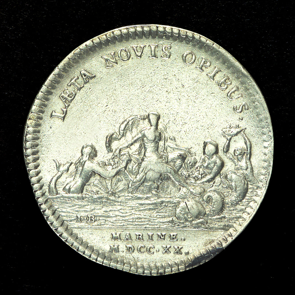 Detail of Counter commemorating the opening up of wealthy mines in Louisiana as proposed by Law the banker; reverse by J.C. Roettier