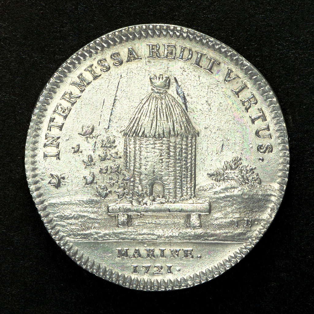 Detail of Counter commemorating the opening up of wealthy mines in Louisiana as proposed by John Law (1671-1729) the banker; reverse by H. Roussel