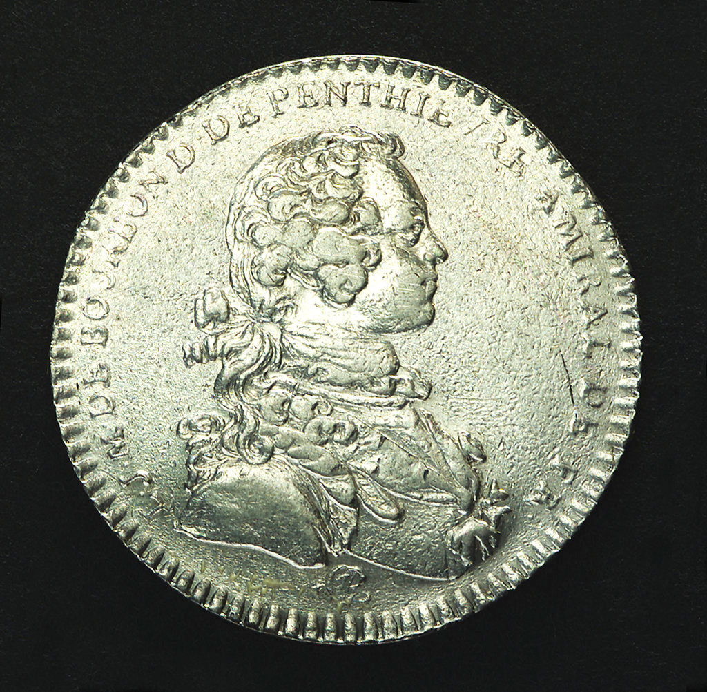 Detail of Counter commemorating the landing of the Young Pretender in Scotland, 1746; obverse by J.C. Roettier