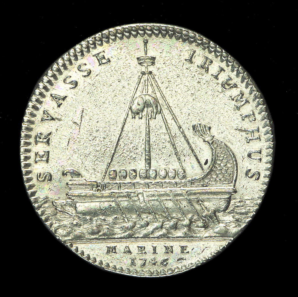 Detail of Counter commemorating the landing of the Young Pretender in Scotland, 1746; reverse by J.C. Roettier