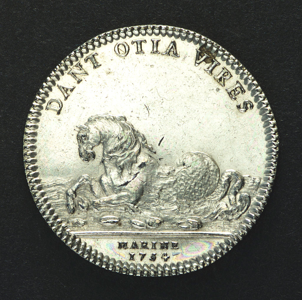 Detail of Counter commemorating the completion of the ship-building programme; reverse by J.C. Roettier