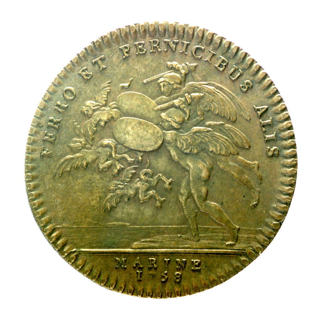 Detail of Counter commemorating Montcalm's successes in Canada; reverse by J.C. Roettier
