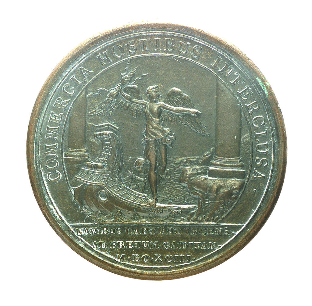 Detail of Medal commemorating the Smyrna fleet being attacked off Gibraltar, 1693; reverse by J. Mauger