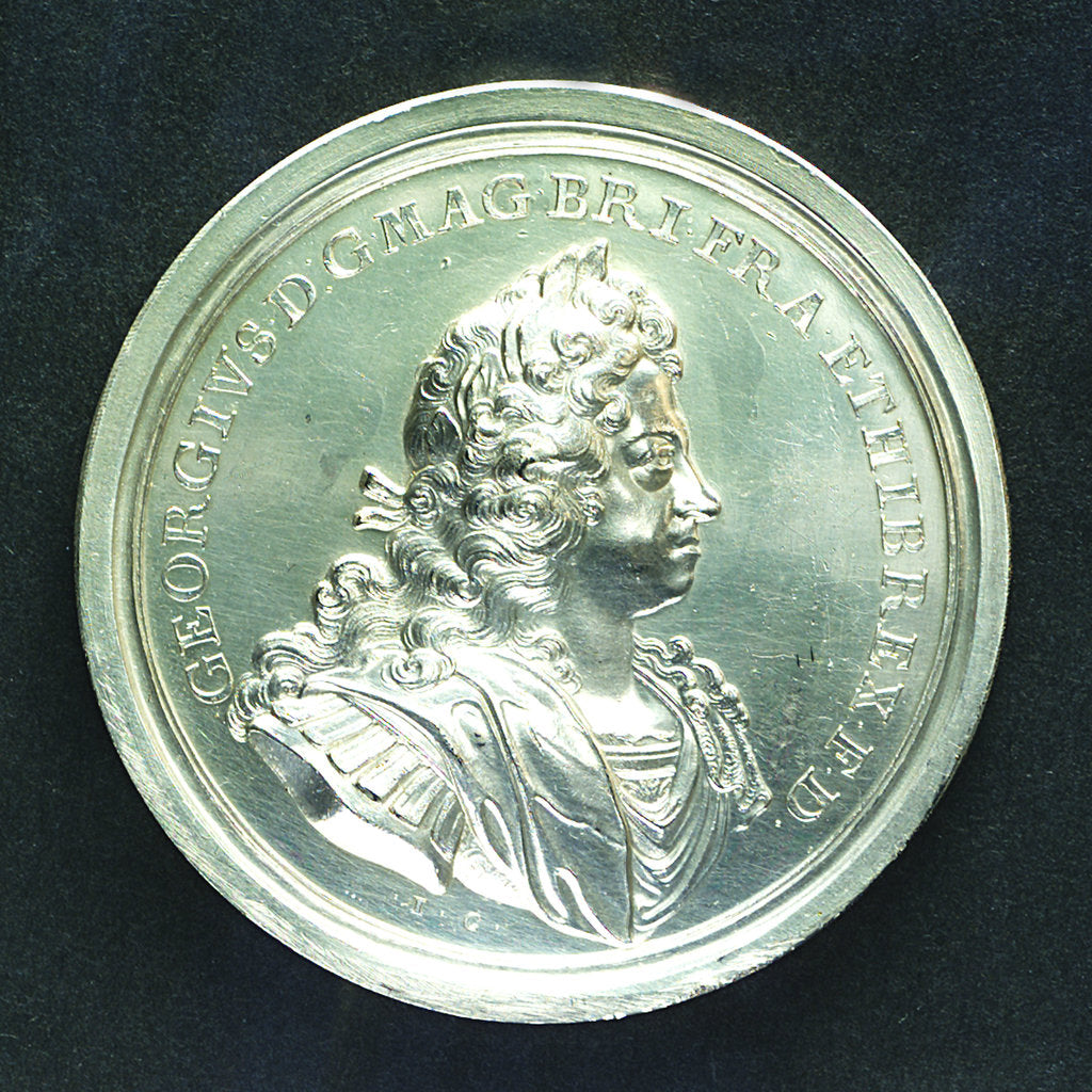 Detail of Medal commemorating the arrival of King George I in England, 1714 and dominion of the seas; obverse by J. Croker