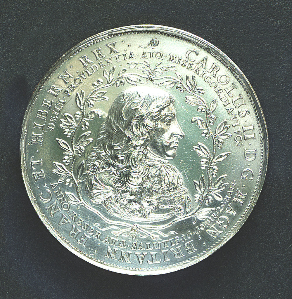 Detail of Medal commemorating the landing of King Charles II at Dover, 1660; obverse by J. Roettier
