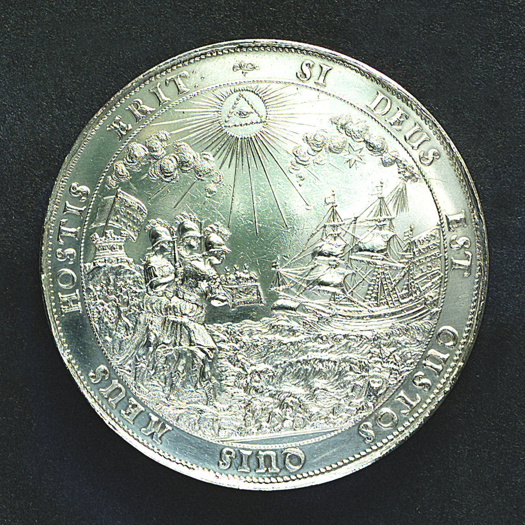 Detail of Medal commemorating the landing of King Charles II at Dover, 1660; reverse by J. Roettier