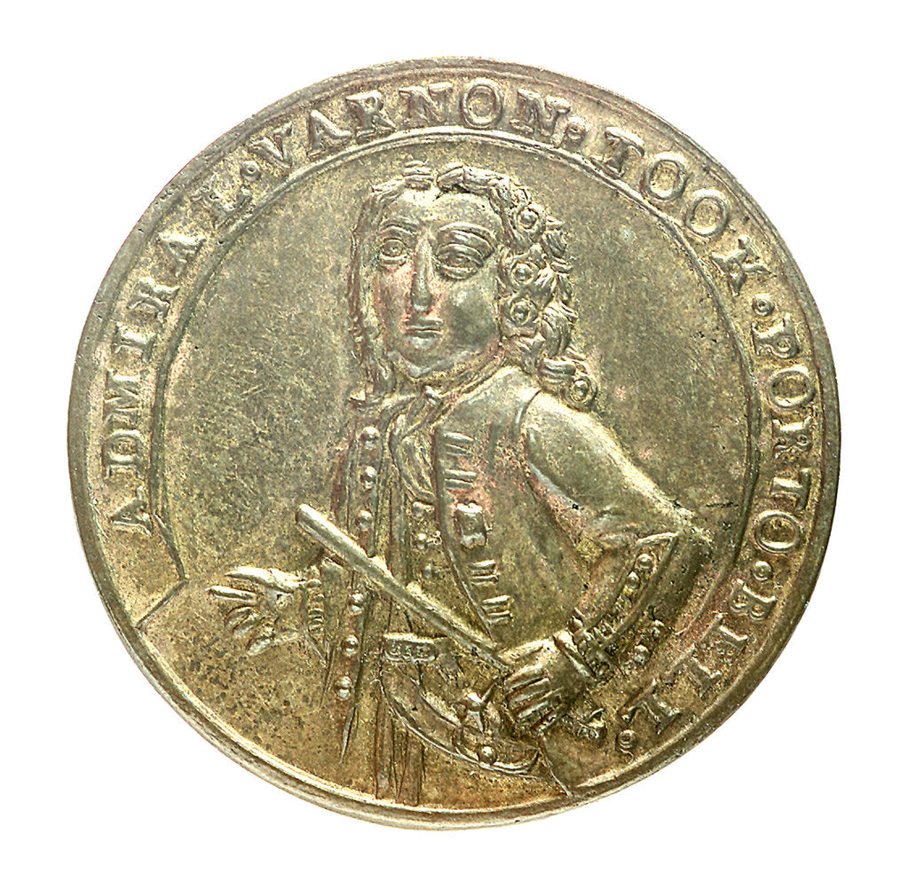 Detail of Medal commemorating Admiral Edward Vernon (1684-1757) and the capture of Porto Bello, 1739; obverse by unknown