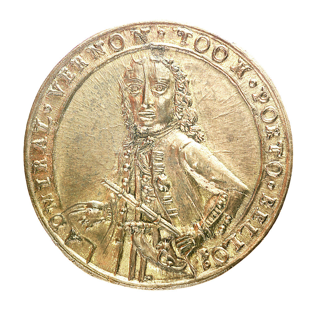 Detail of Medal commemorating Admiral Edward Vernon (1684-1757) and the capture of Porto Bello, 1739; obverse by unknown