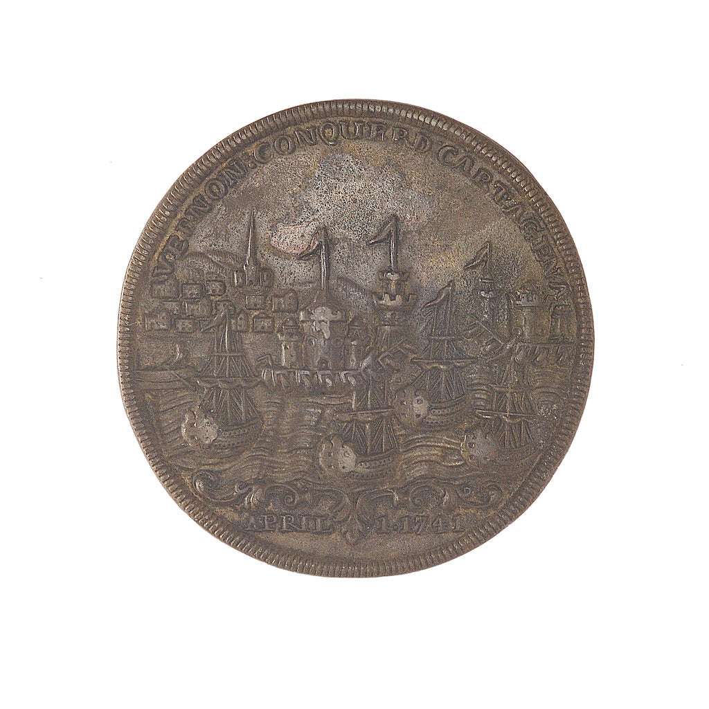 Detail of Medal commemorating Admiral Edward Vernon (1684-1757), Admiral Sir Chaloner Ogle (1681?-1750) and General Thomas Wentworth, the attack on Cartagena, 1741 by unknown