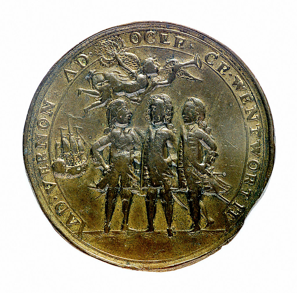 Detail of Medal commemorating Admiral Edward Vernon (1684-1757), Admiral Sir Chaloner Ogle (1681?-1750), and General Thomas Wentworth, the attack on Cartagena, 1741; obverse by unknown