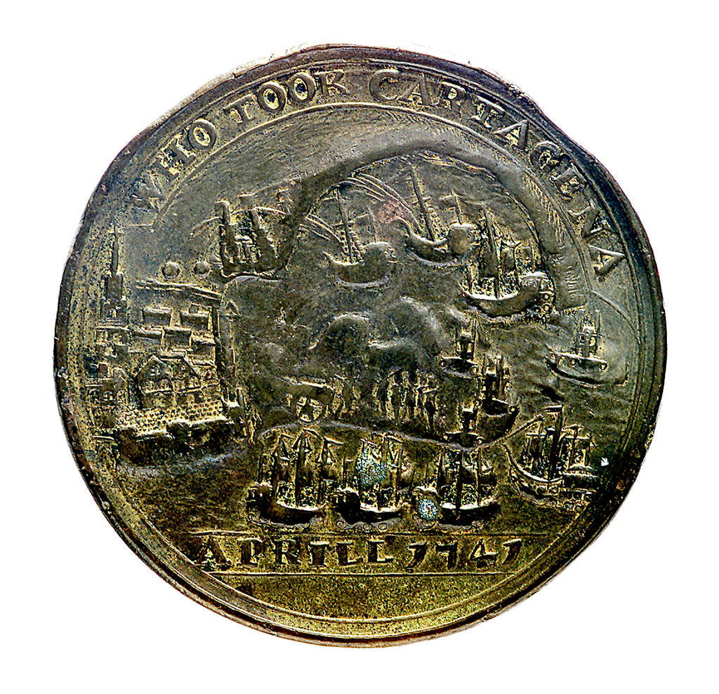 Detail of Medal commemorating Admiral Edward Vernon (1684-1757), Admiral Sir Chaloner Ogle (1681?-1750), and General Thomas Wentworth, the attack on Cartagena, 1741; reverse by unknown