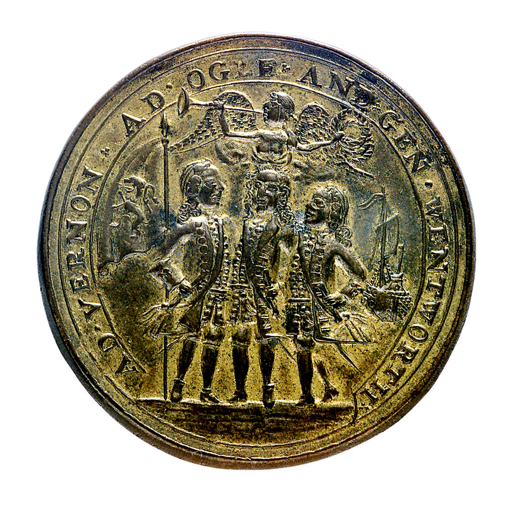 Detail of Medal commemorating Admiral Edward Vernon (1684-1757), Admiral Sir Chaloner Ogle (1681?-1750), and General Thomas Wentworth, the attack on Cartagena, 1741; obverse by unknown