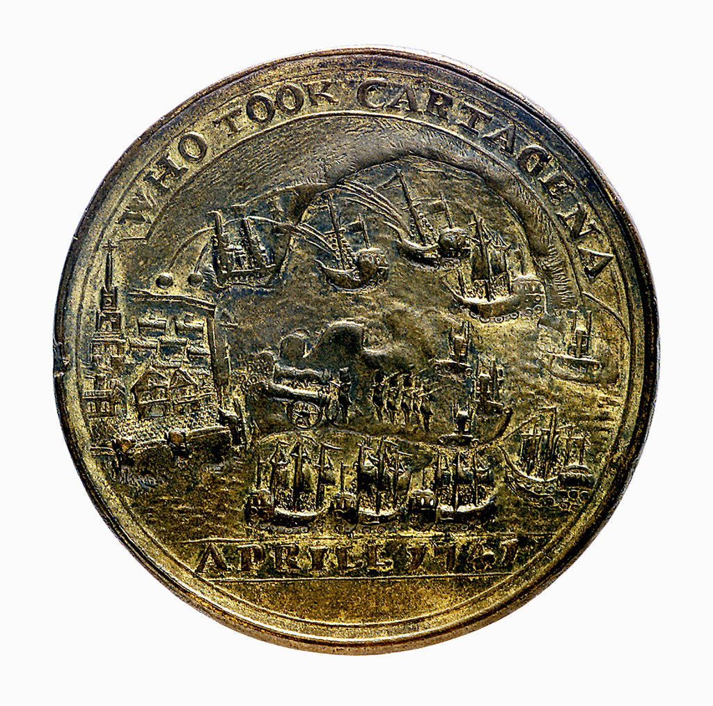 Detail of Medal commemorating Admiral Edward Vernon (1684-1757), Admiral Sir Chaloner Ogle (1681?-1750), and General Thomas Wentworth, the attack on Cartagena, 1741; reverse by unknown