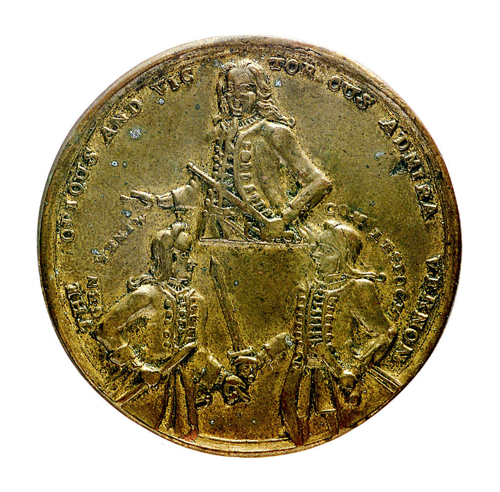 Detail of Medal commemorating Admiral Edward Vernon (1684-1757), Admiral Sir Chaloner Ogle (1681?-1750), and General Thomas Wentworth, the attack on Cartagena, 1741; obverse by unknown