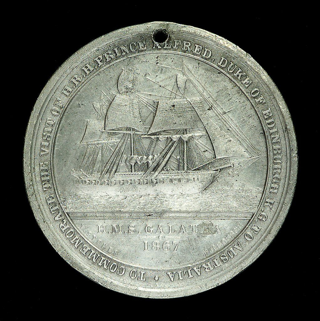 Detail of Medal commemorating The Duke of Edinburgh and HMS 'Galatea'; reverse by T. Stokes
