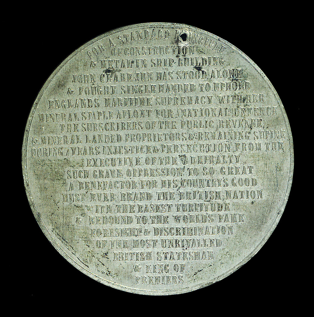 Detail of Medal commemorating John Clare (1820-1885), shipbuilder; reverse by unknown